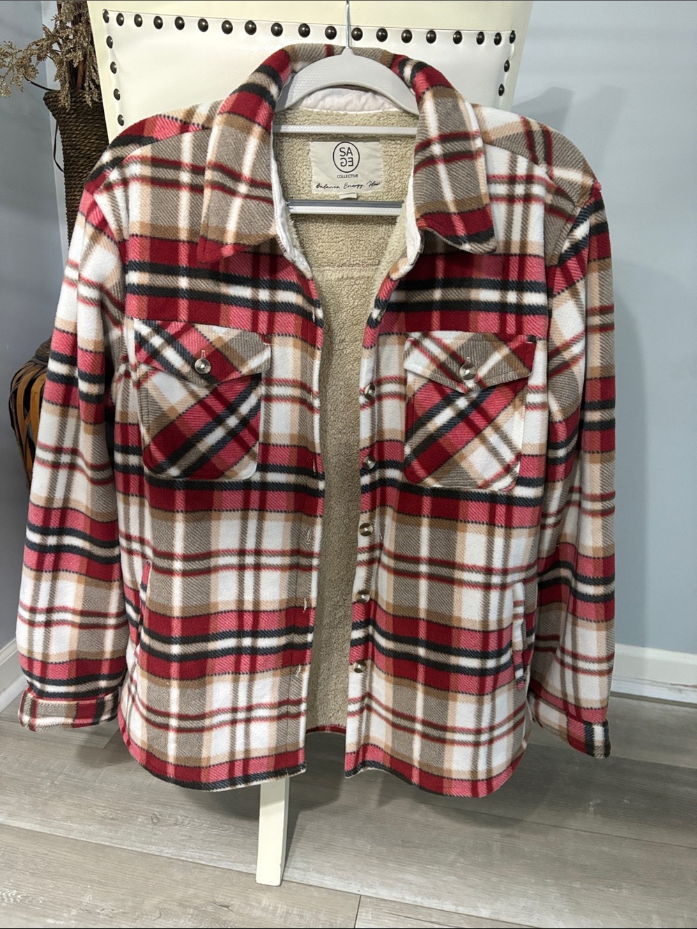 Woman’s Sage Collective  Cozy Plaid Teddy-Lined Shacket in Red & Beige